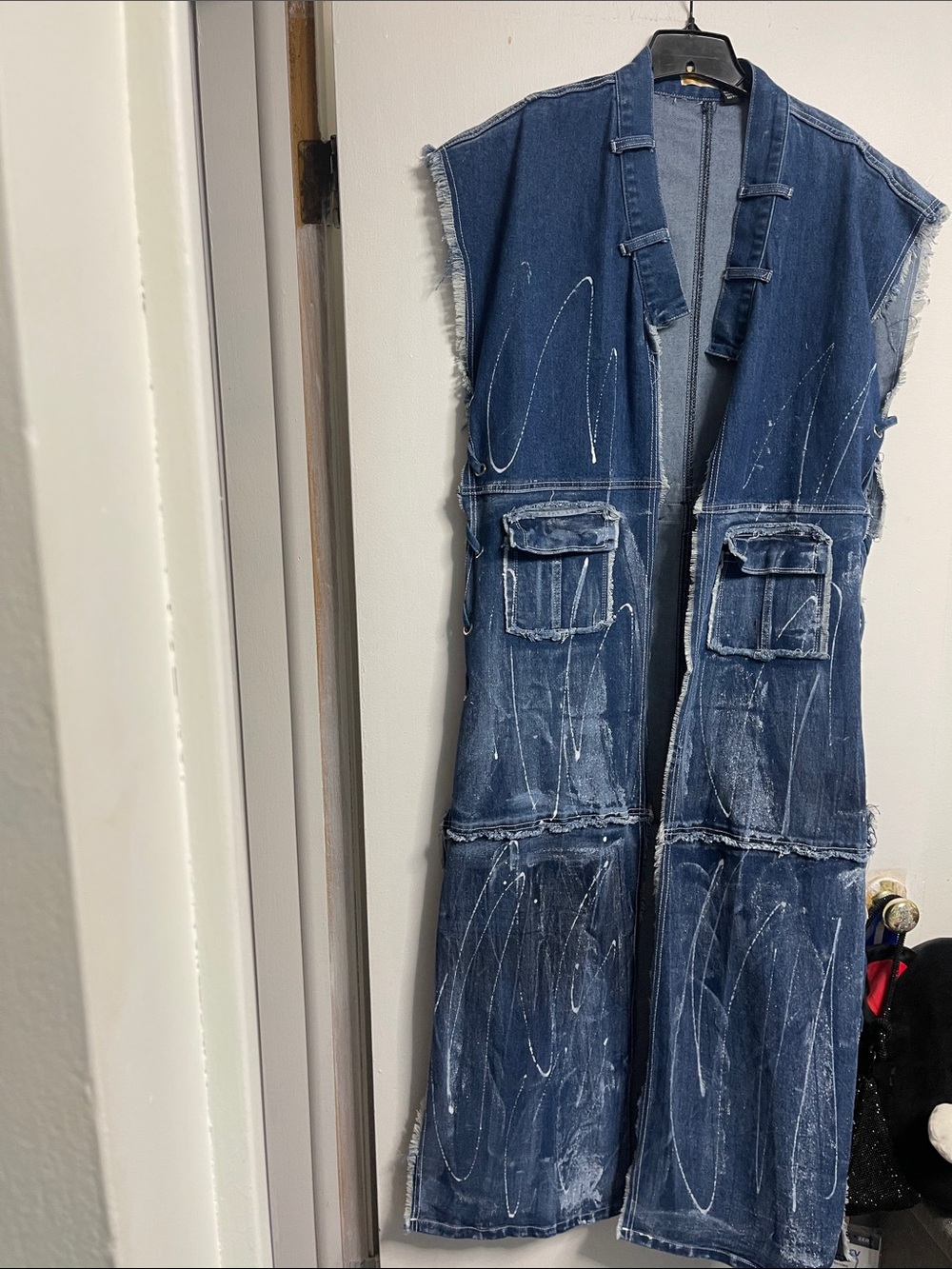 Denim Long Sleeveless Painter's Vest Dress - Blue